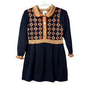 Janie and Jack Girls Navy GeoFloral Knit Sweater Dress Size 3 Holiday Church